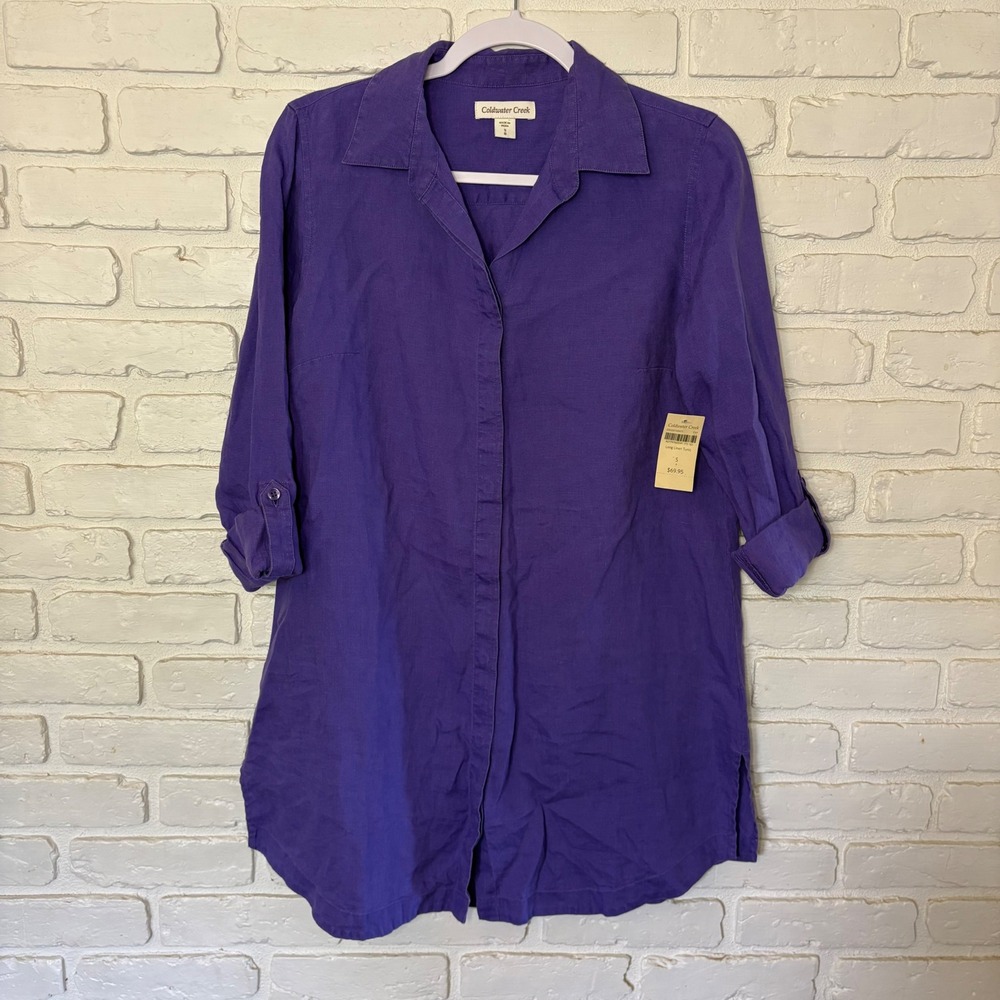 NWT Coldwater Creek Purple‎ Long Linen Tunic Button Down Women's Size Small